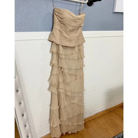 Jovani Vintage Nude Strapless Gown Ruched Bodice and Ruffle - Picture 2 of 15